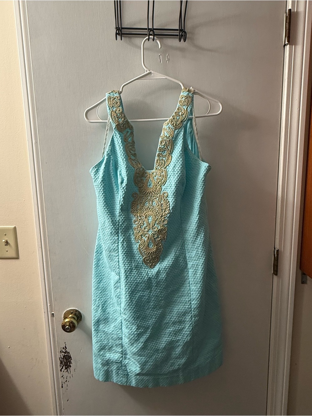 Lilly Pulitzer - Sleeveless Aqua Shift Dress with Gold Embroidered V-Accent